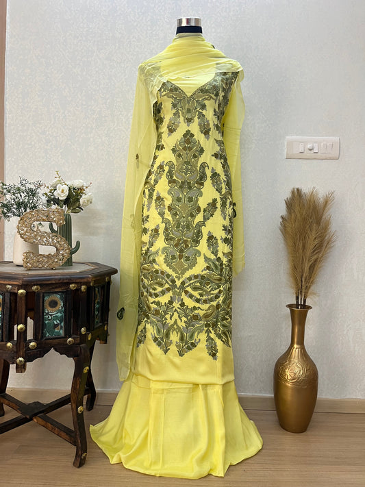 Yellow Satin Cotton Kashmiri Suit
