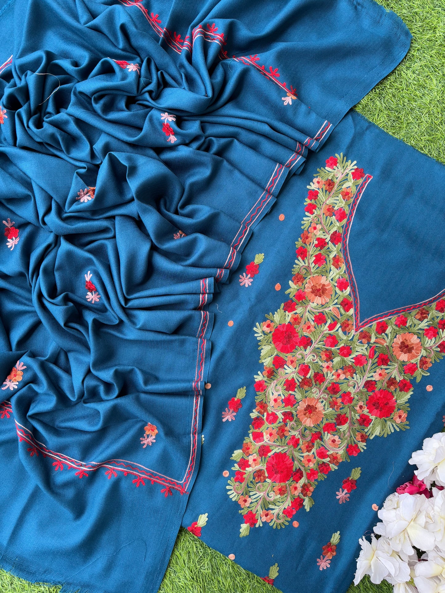 Peacock Blue Woollen Aari Embroidered 3pc suit