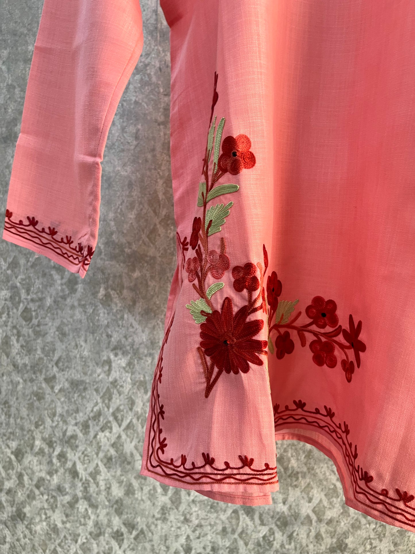 Peach Pink Cotton Aari Work Kurta