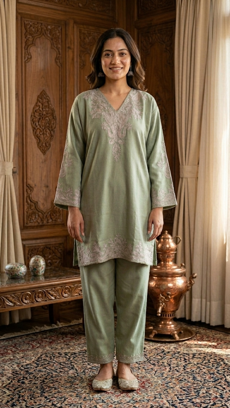 Light Green Woollen Kashmiri Co-Ord Set ( Size 48)