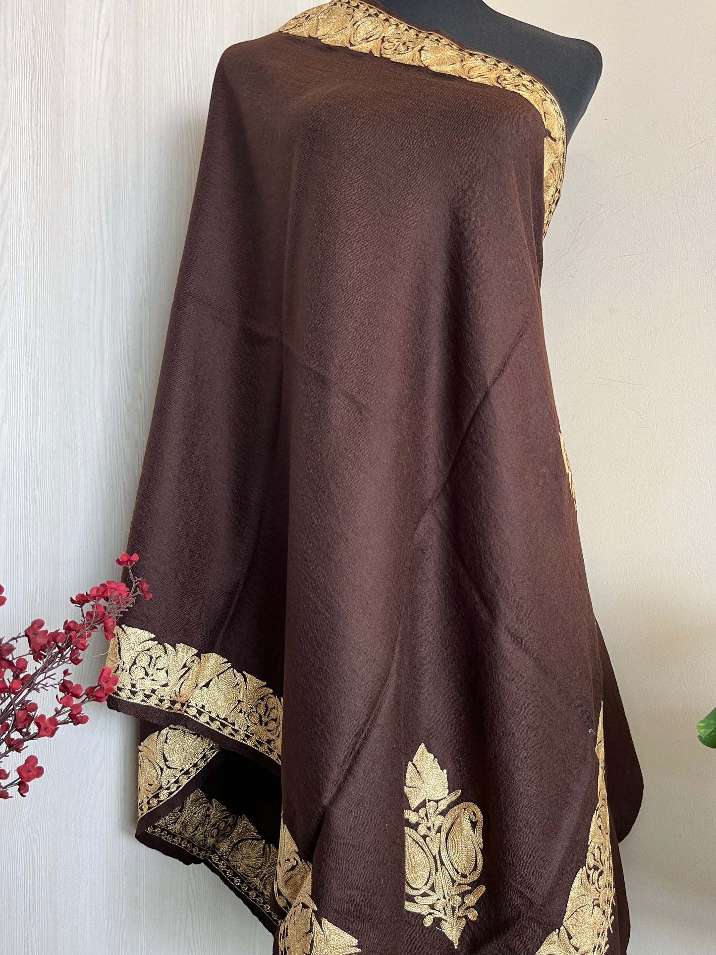 Coffee Brown Fine Semi Pashmina Tilla Embroidered stole