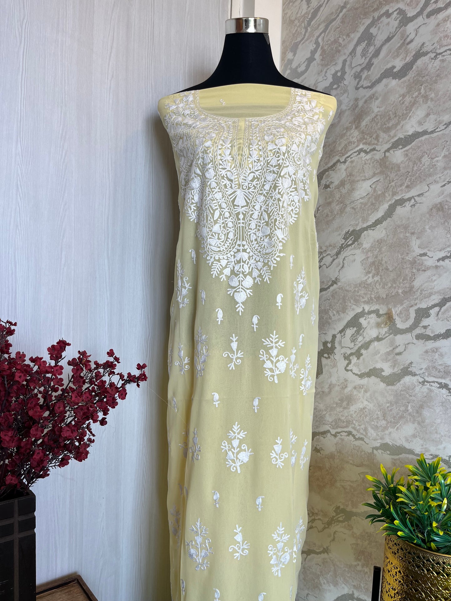 Georgette Lemon Yellow All over Work Aari Embroidered Unstitched Kurta Material