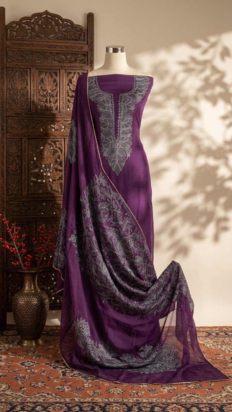 Purple Pure Georgette 3 Pc Heavy Kashmiri Suit