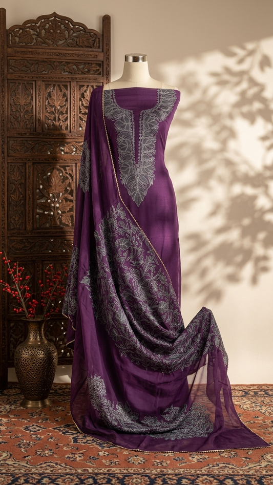 Purple Pure Georgette 3 Pc Heavy Kashmiri Suit