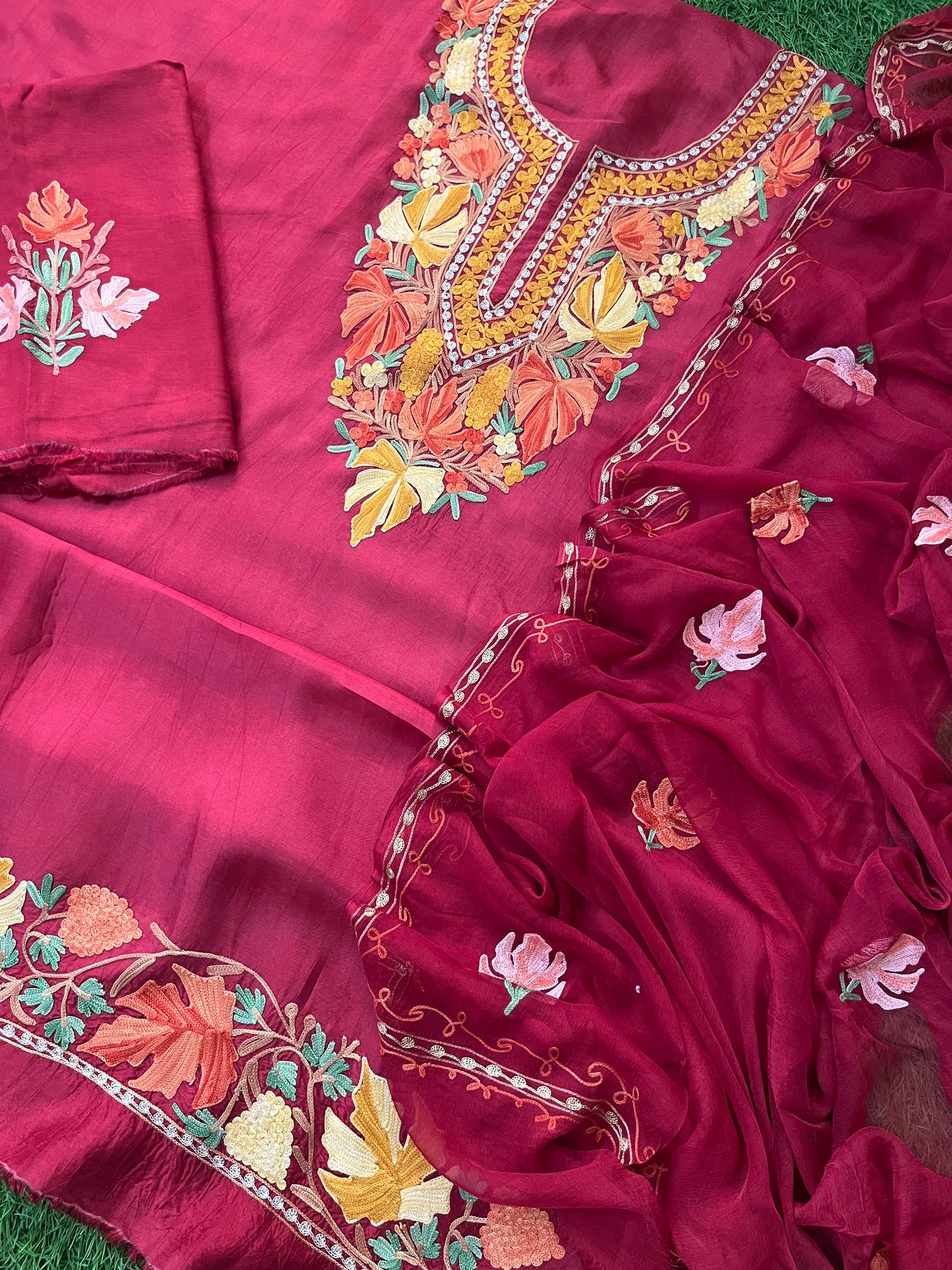 Maroon Opada Silk Aari Embroidered Suit material