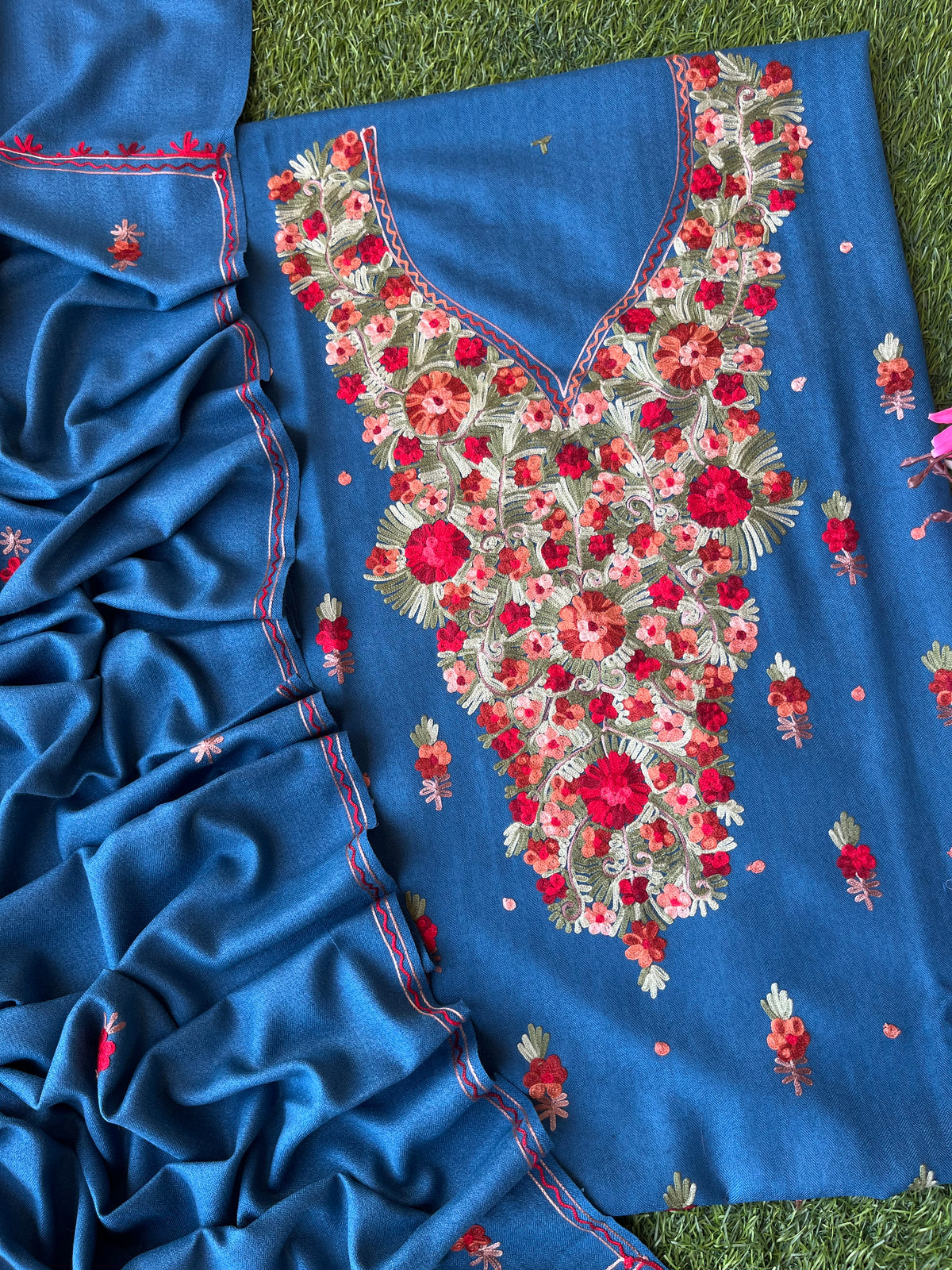 Peacock Blue Woollen Aari Embroidered 3pc suit