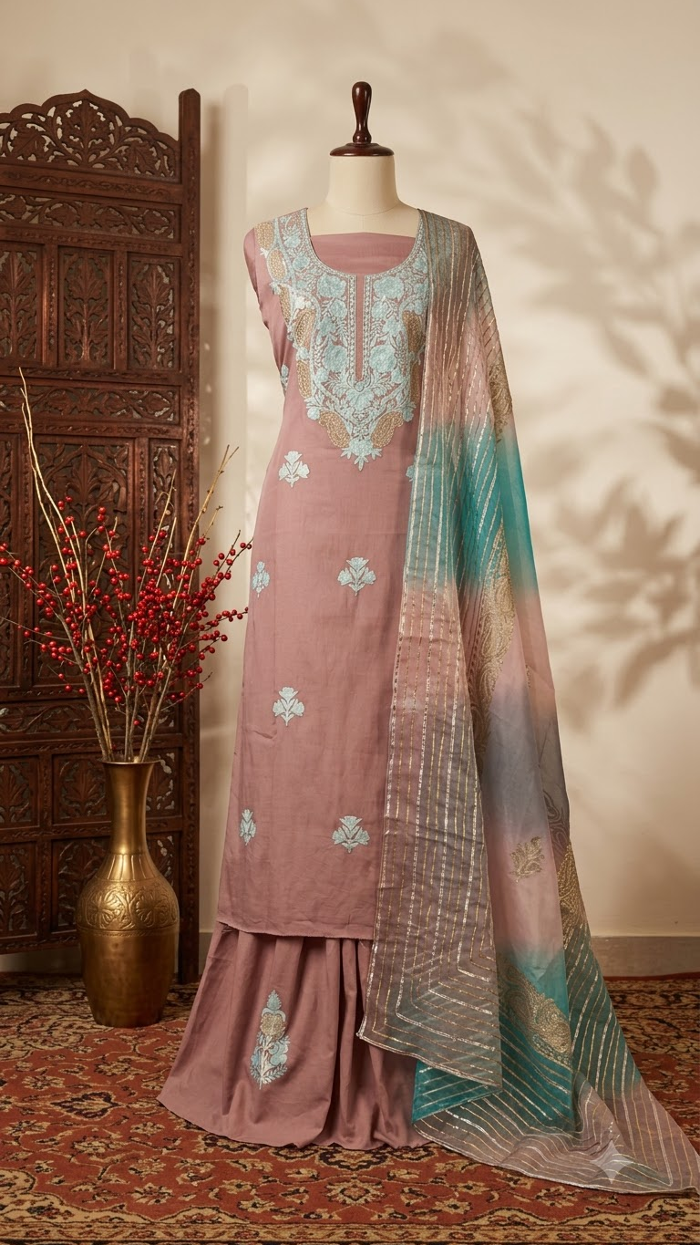 Onion Pink Satin Cotton Kashmiri Suit