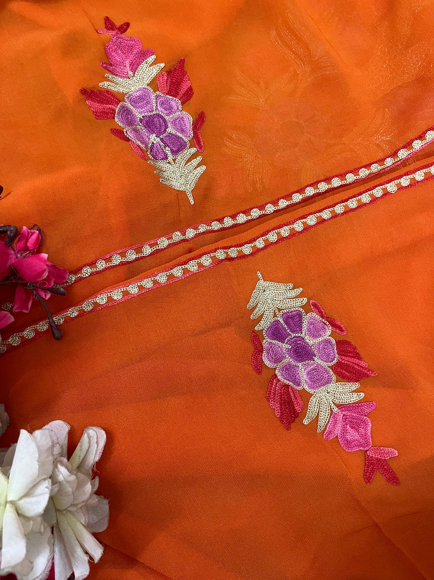 Orange Pure Georgette Double Shade Kashmiri Suit