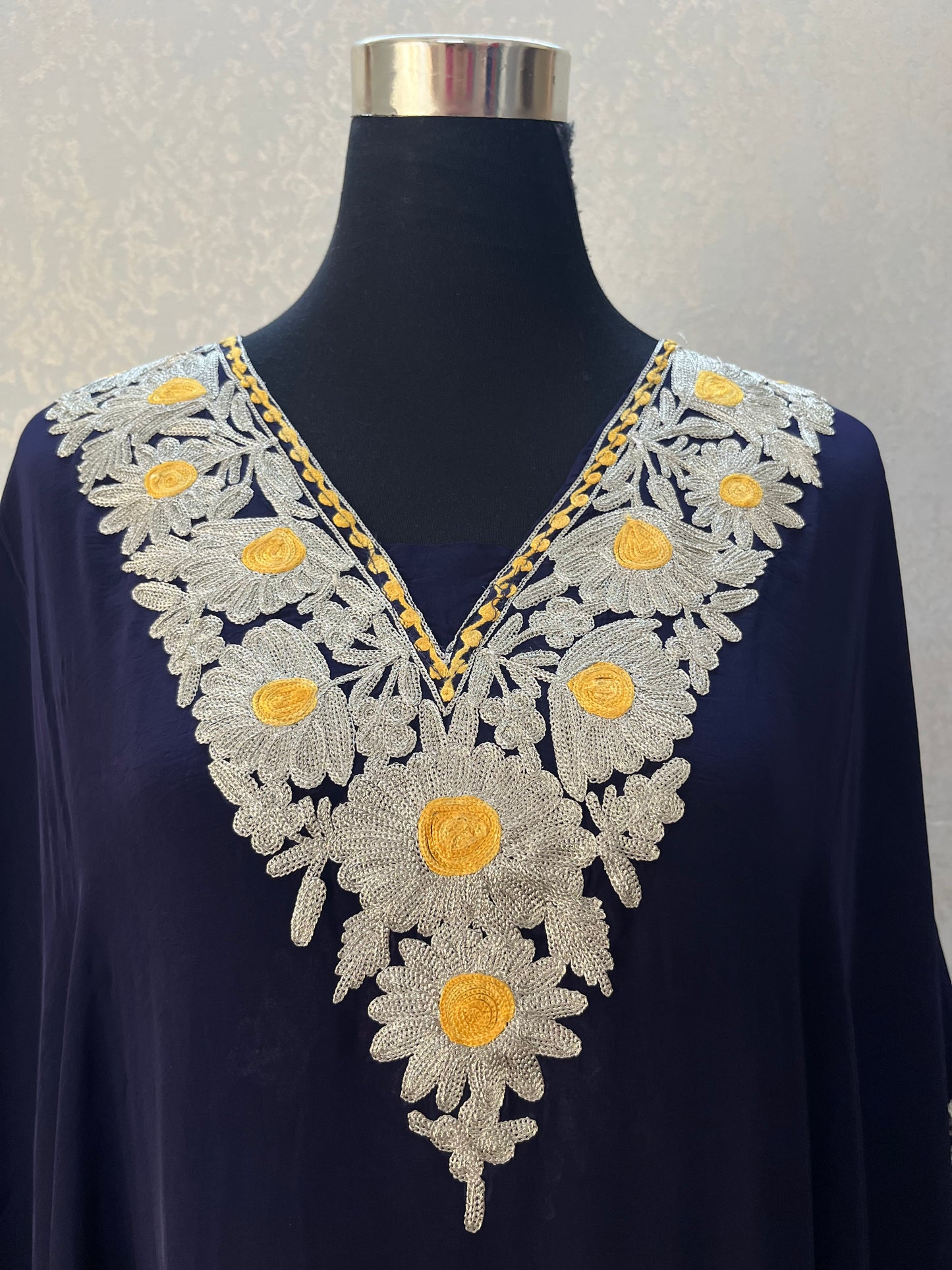 Navy Blue Crape Kashmiri Kaftan Set