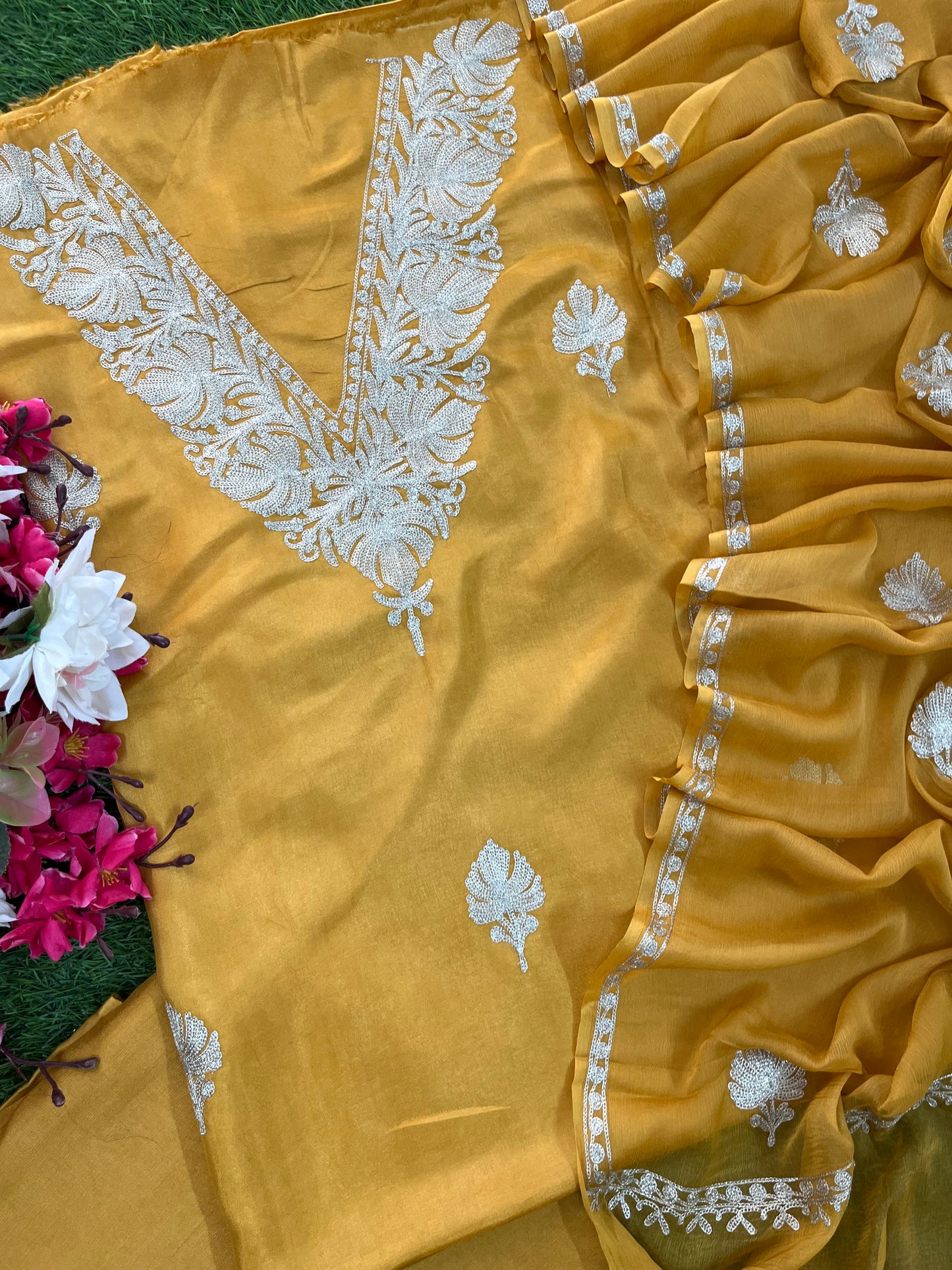 Golden Yellow Silk Tilla Kashmiri Suit