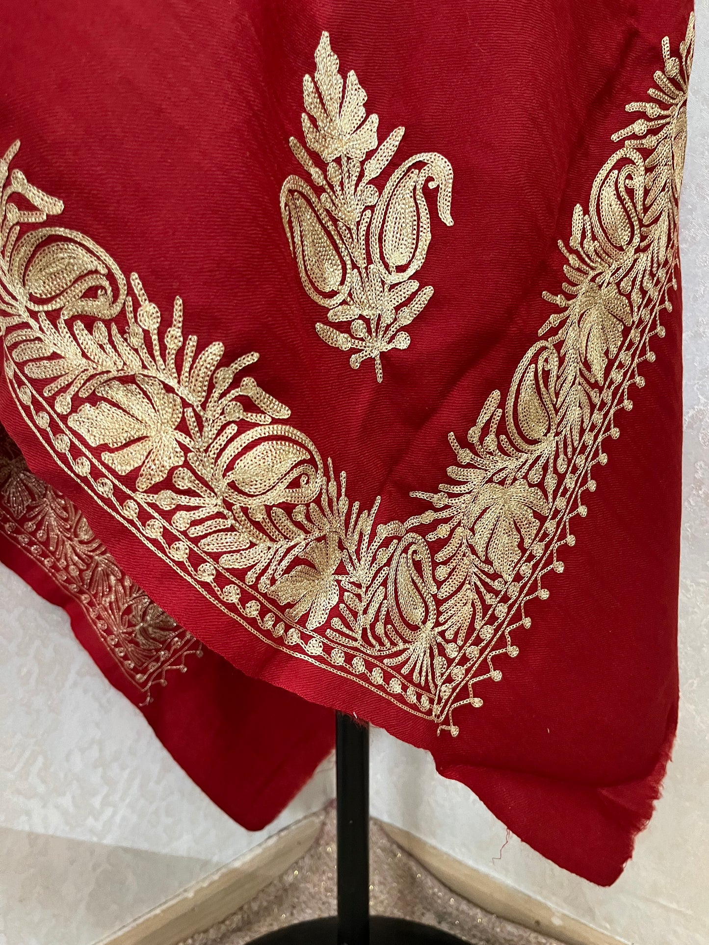 Maroon Semi Pashmina Tilla Embroidered stole