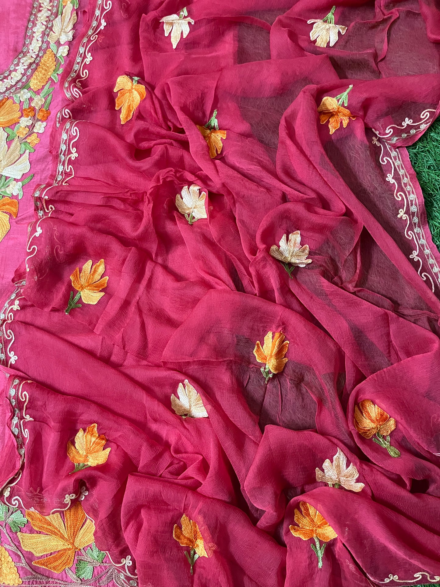 Carrot Pink Opada Silk Aari Embroidered Suit material