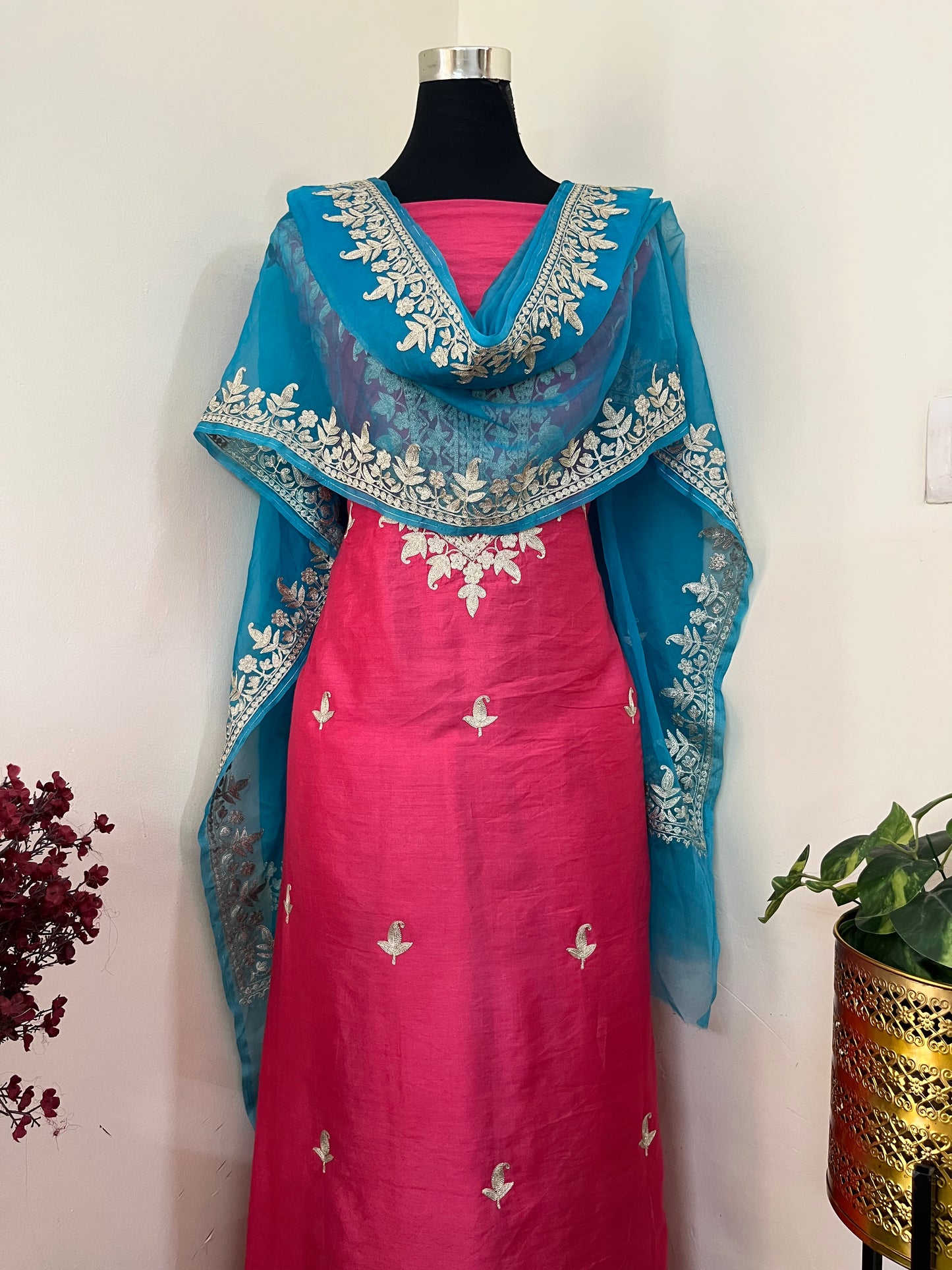 Fuchsia Pink Chanderi Silk Kashmiri Suit