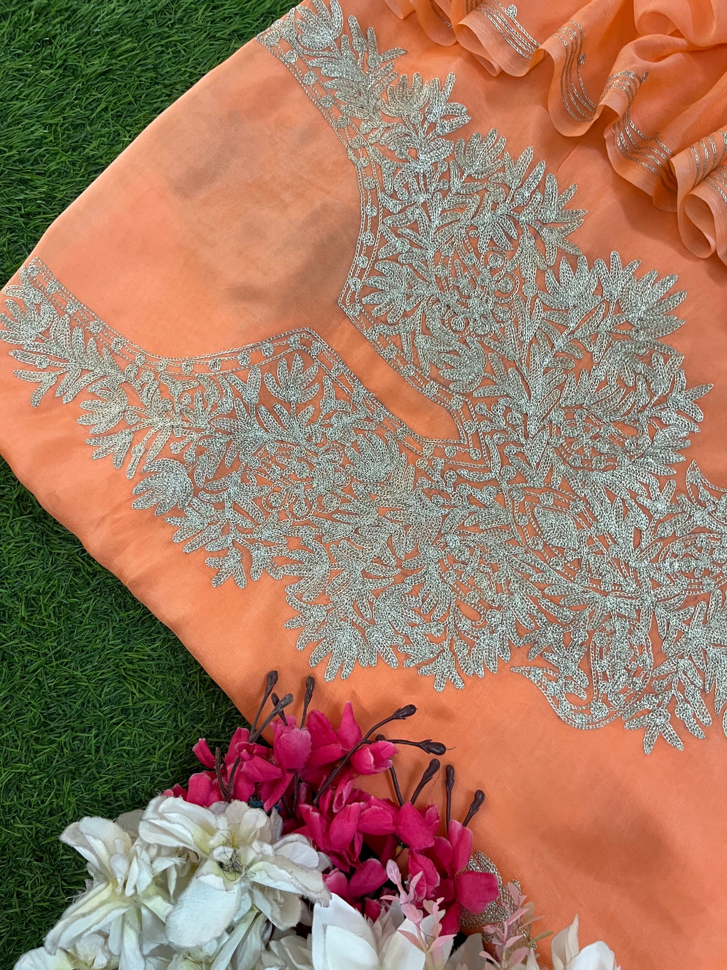 Peach Pink Silk Tilla Kashmiri Suit