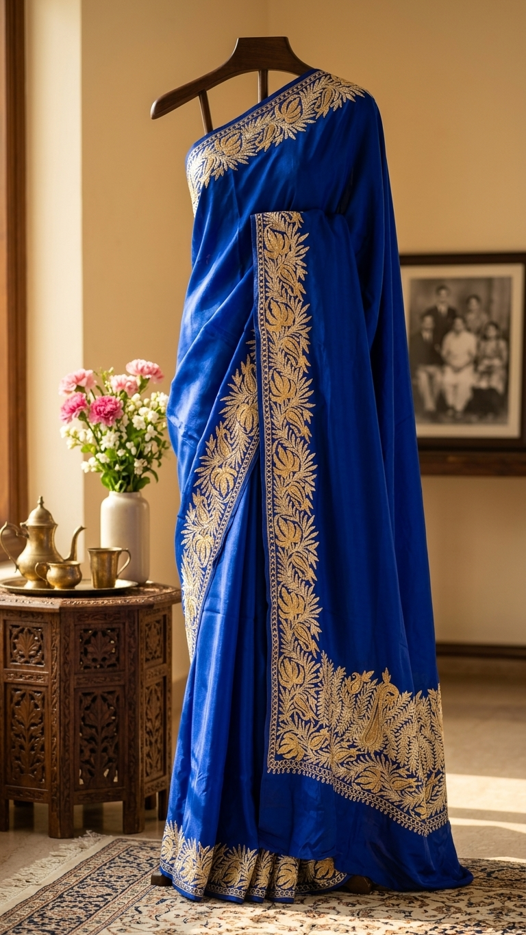 Royal Blue Pure Vetson Crape Kashmiri Saree