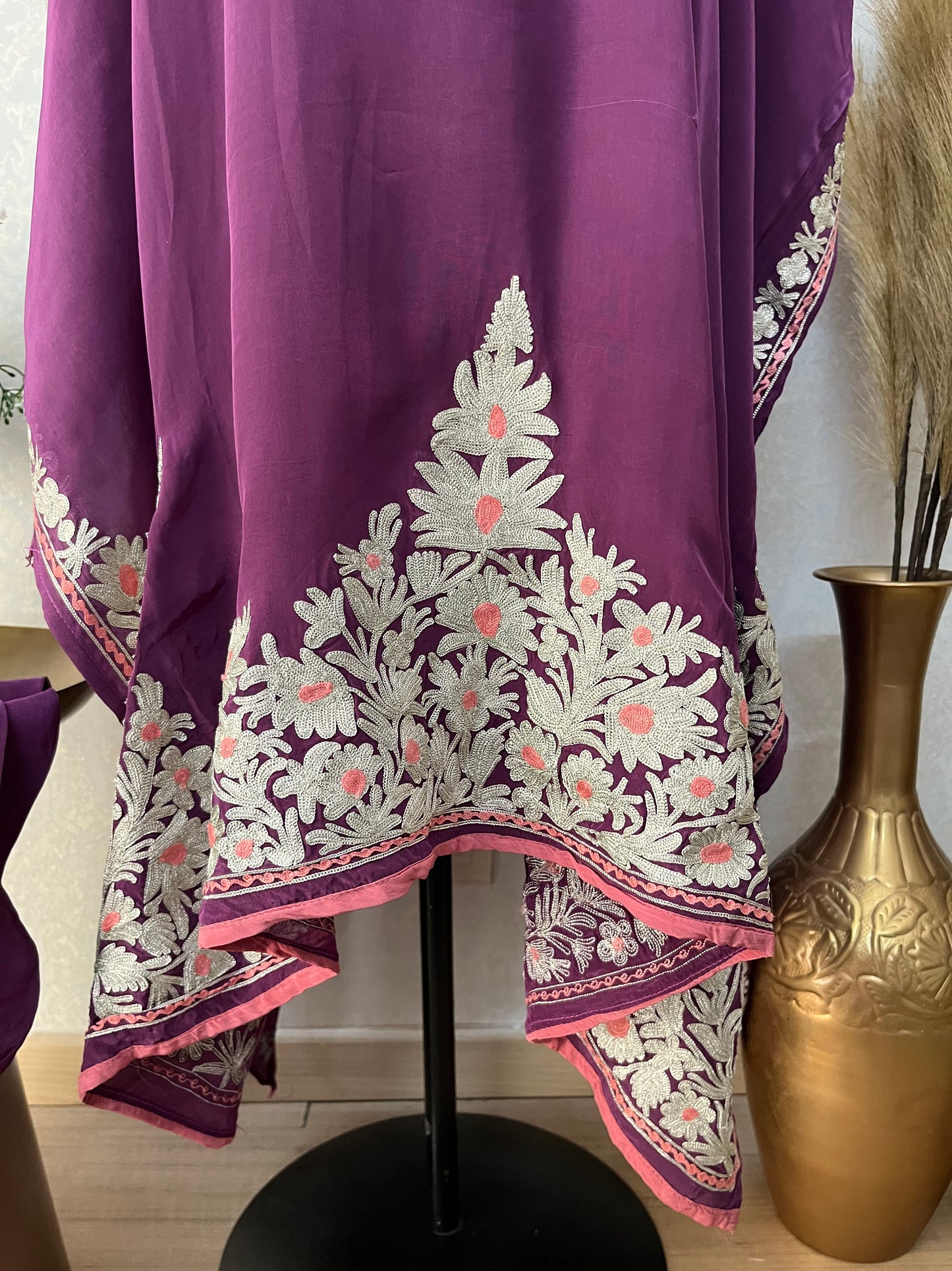 Wine Crape Kashmiri Kaftan Set size