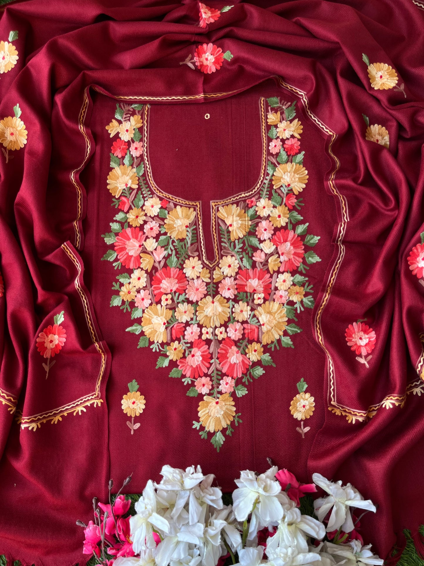 Maroon Woollen Aari Embroidered 3pc suit