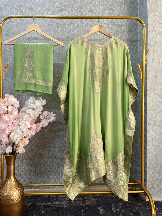 Pista Green Pure Crape Kashmiri Kaftan