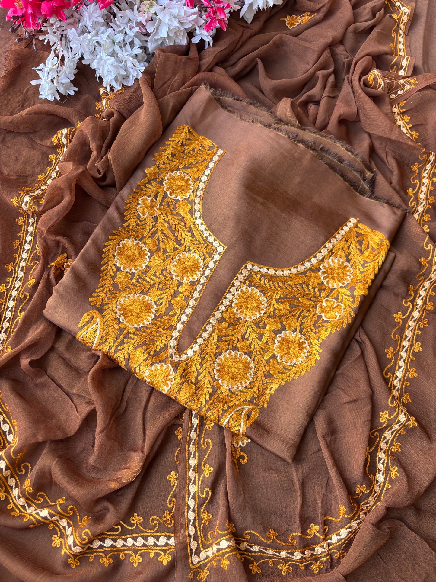 Soft Brown Opada Silk Kashmiri Suit