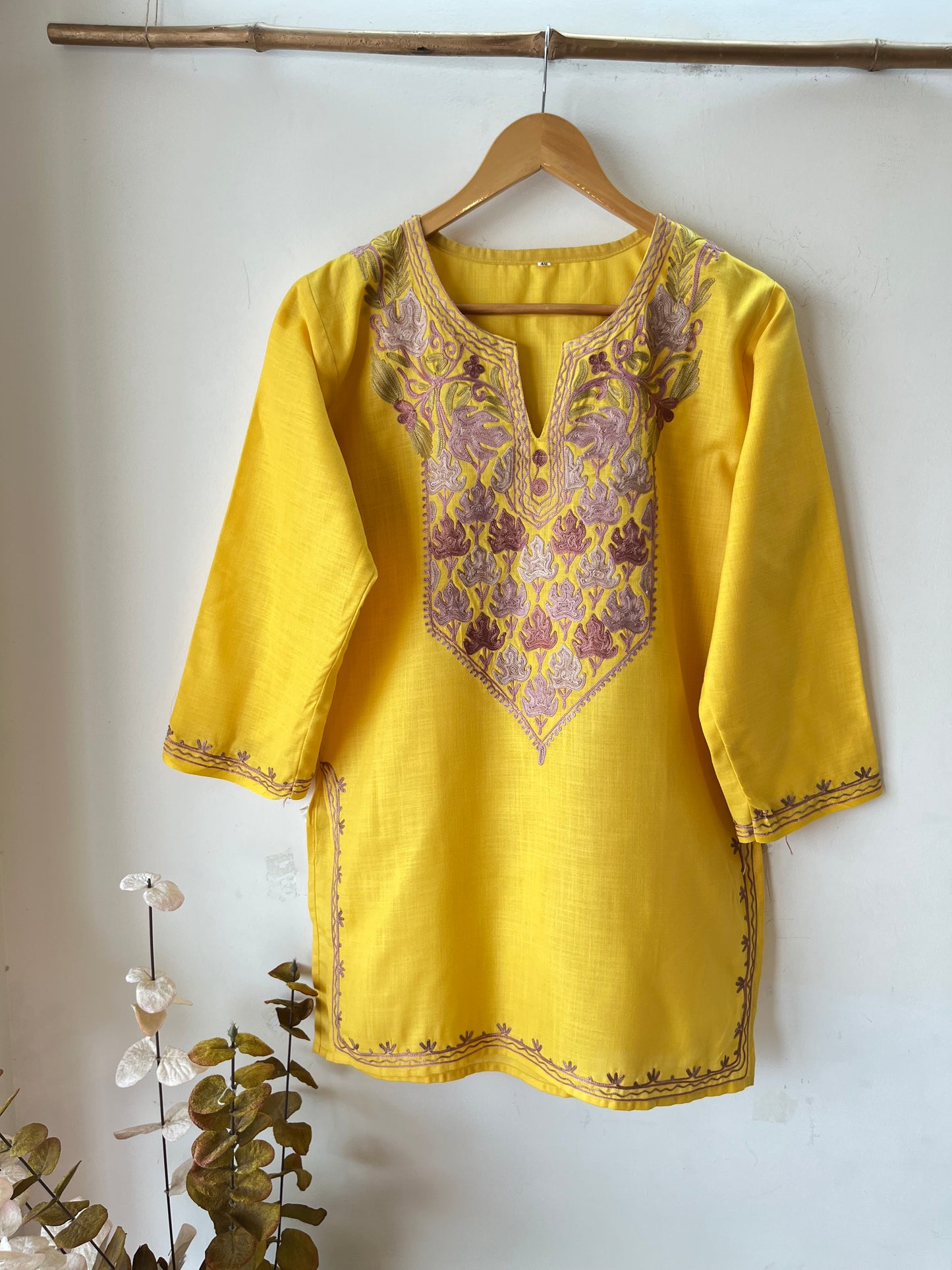 Yellow Cotton Aari Work Kurta