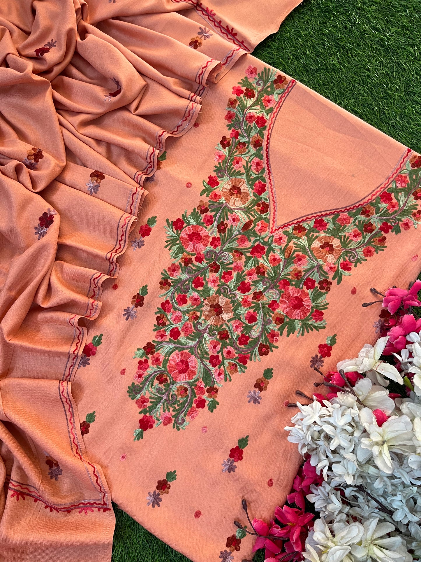 Peach Woollen Aari Embroidered 3pc suit