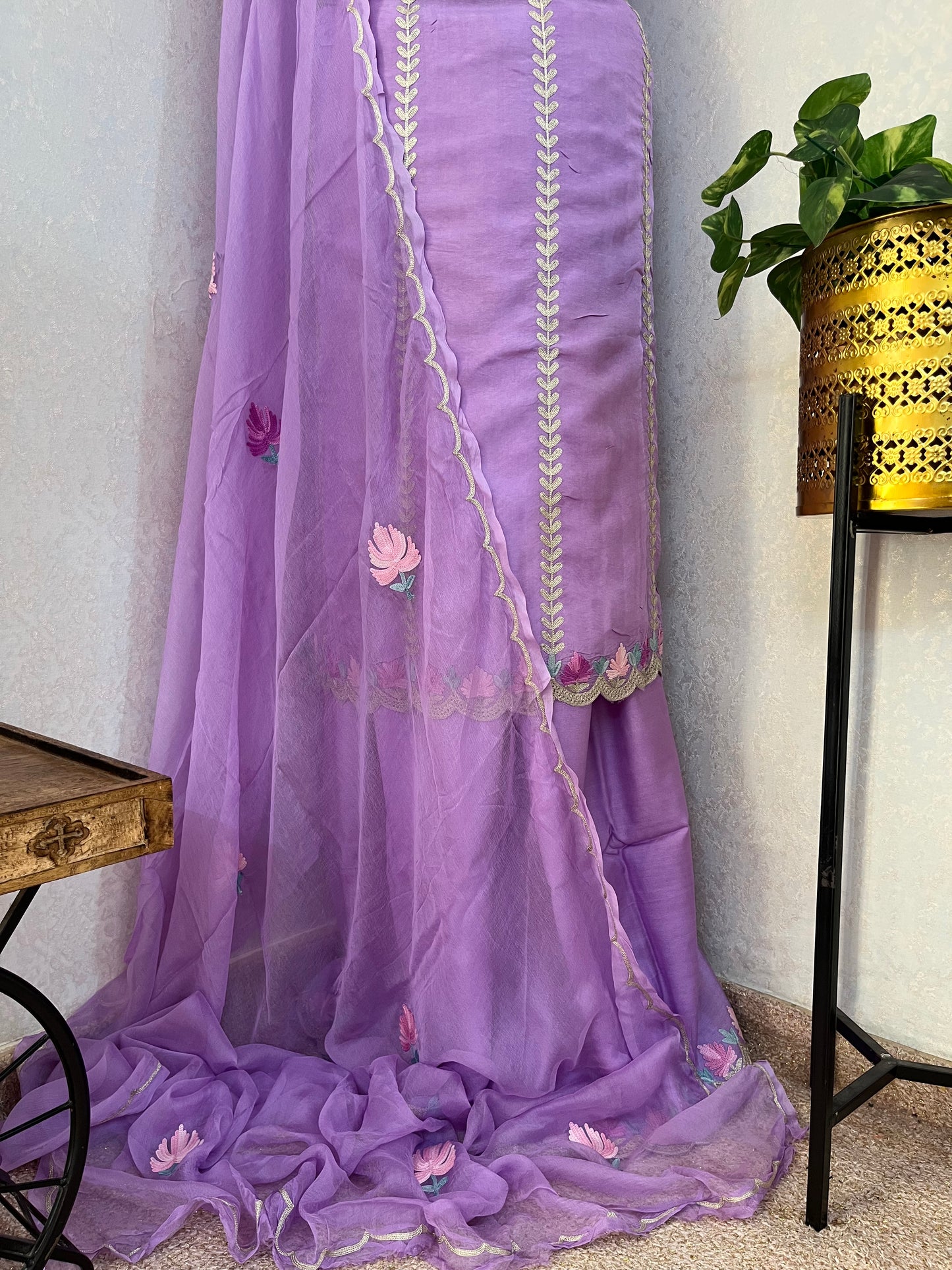 Lavender Sanam’ Silk Aari Embroidered Suit material
