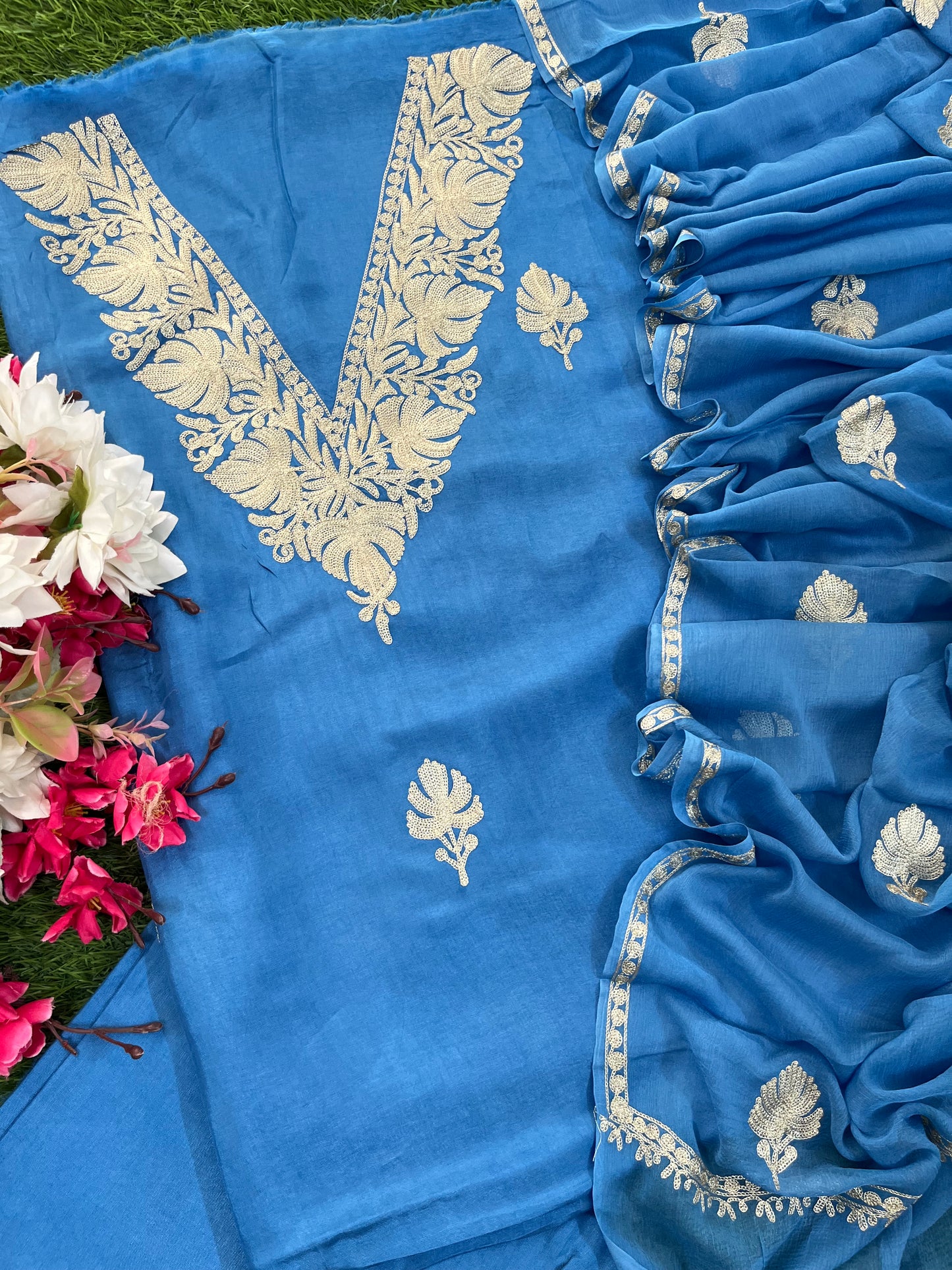 Indigo Blue Silk Tilla Kashmiri Suit
