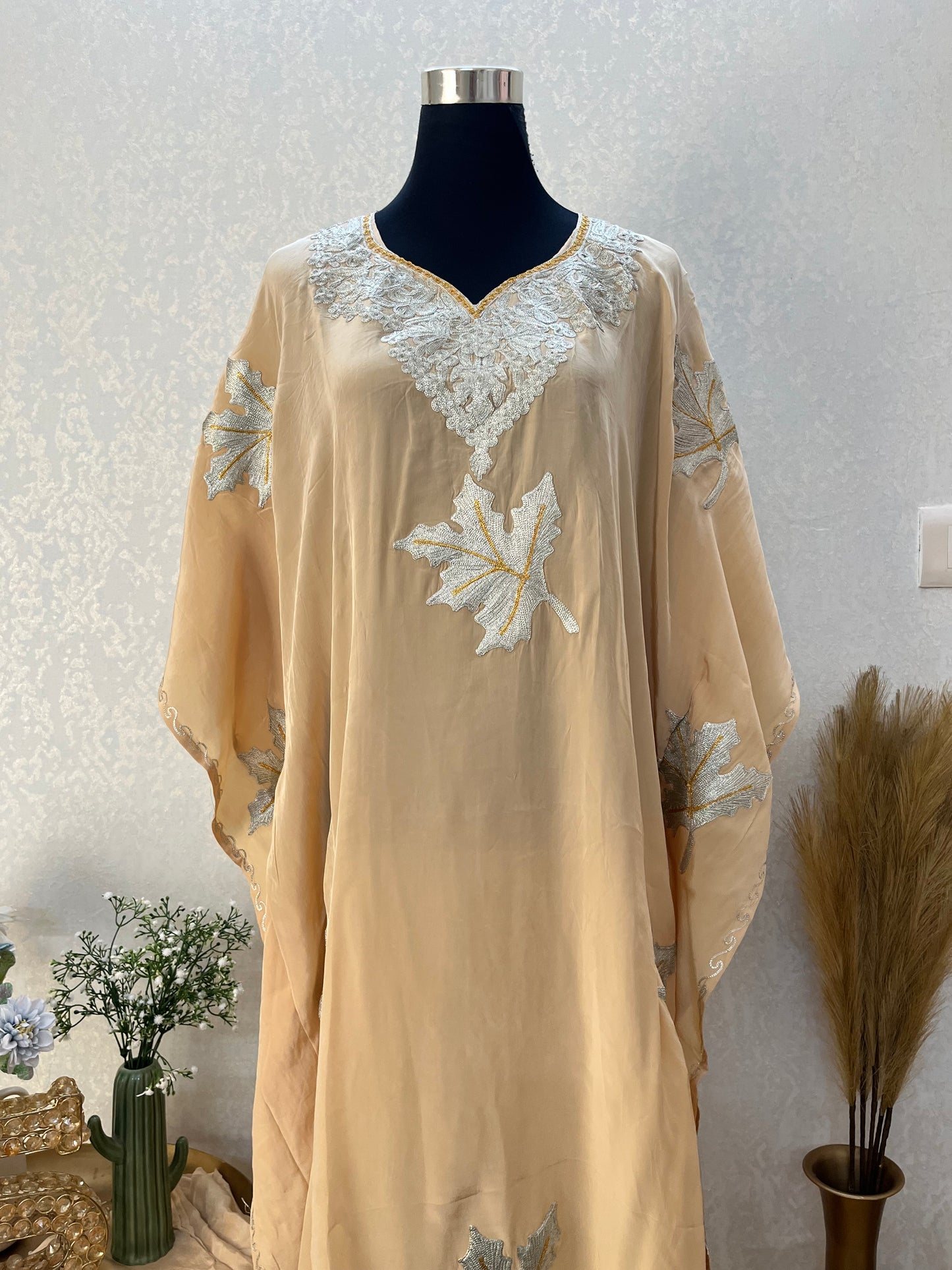 Beige Crape Kashmiri Kaftan Set