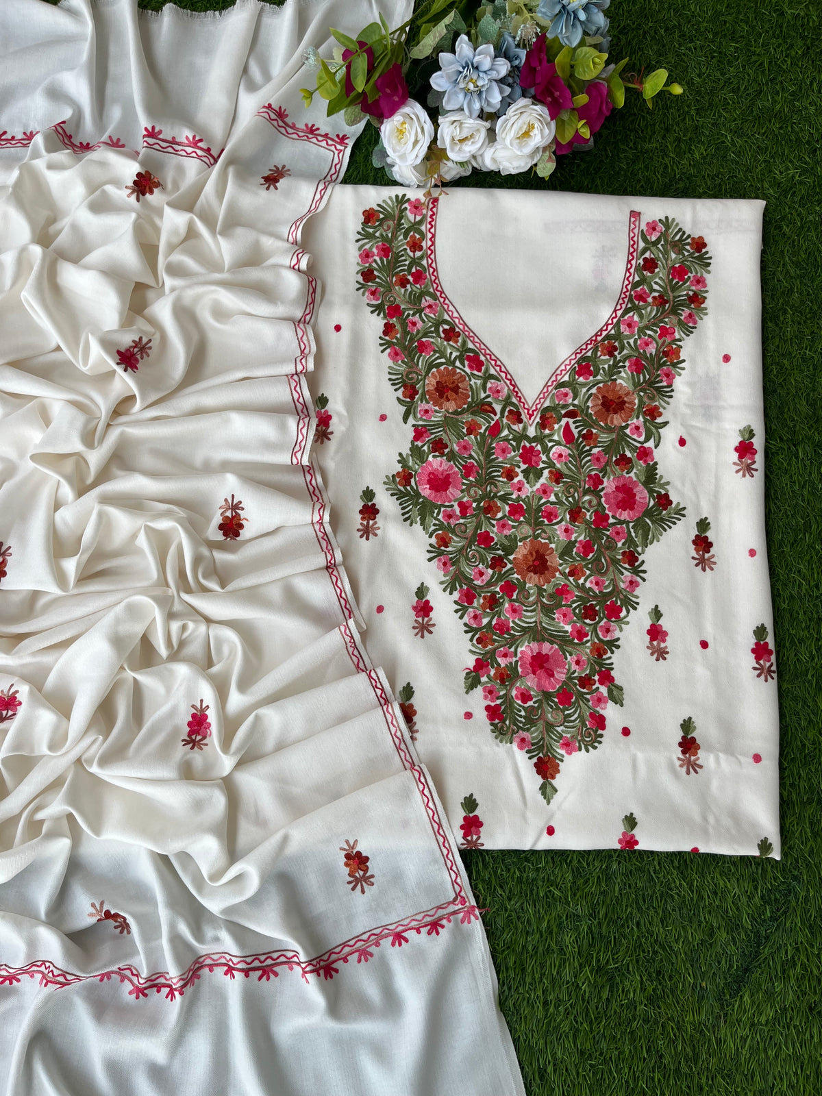 Off White Woollen Aari Embroidered 3pc suit