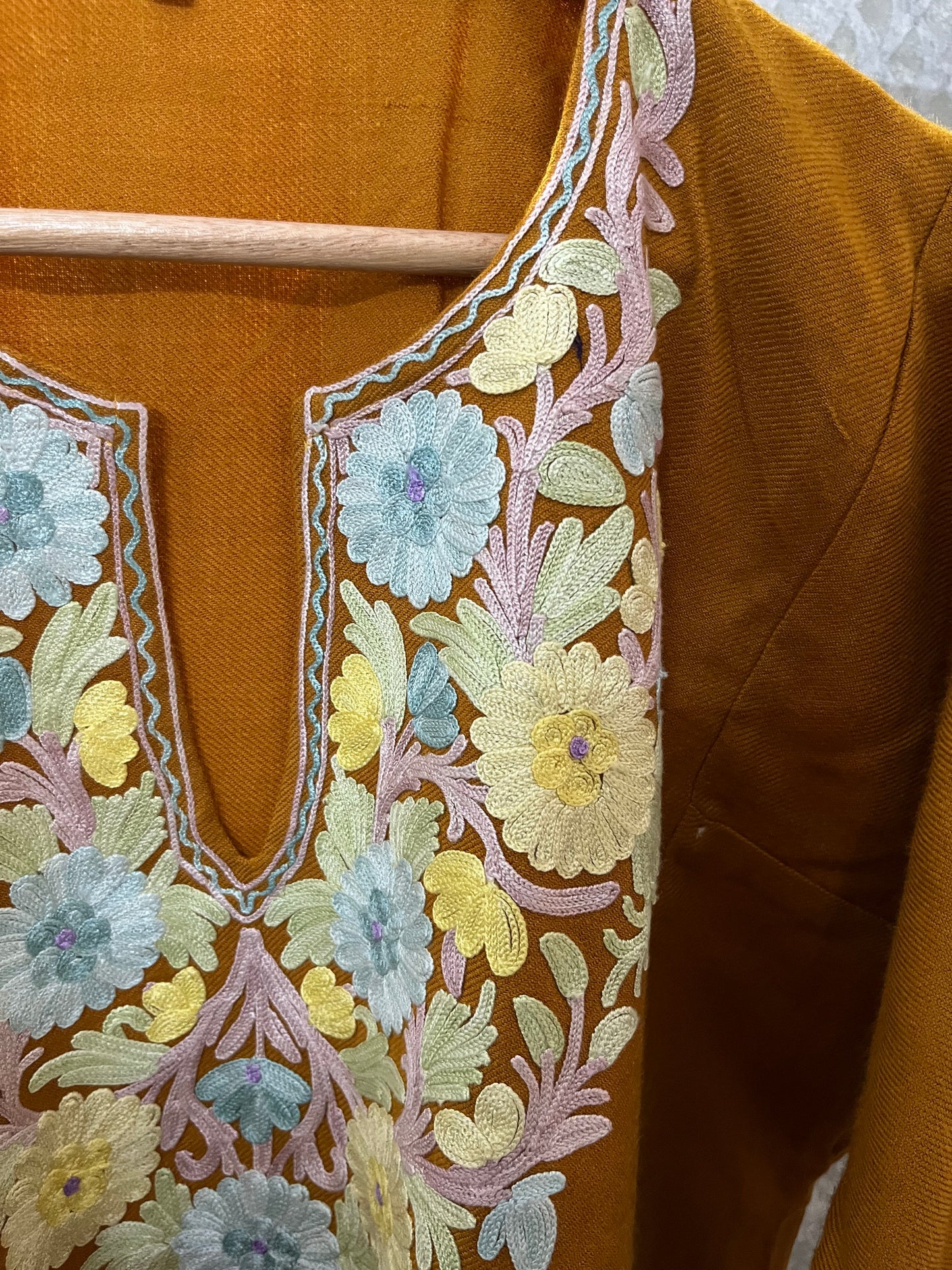 Mustard Yellow Aari Embroidered Wool Pheran