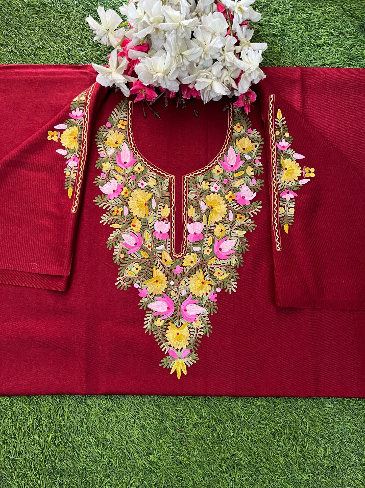 Maroon Woollen Aari Embroidered 2pc suit 5mtr