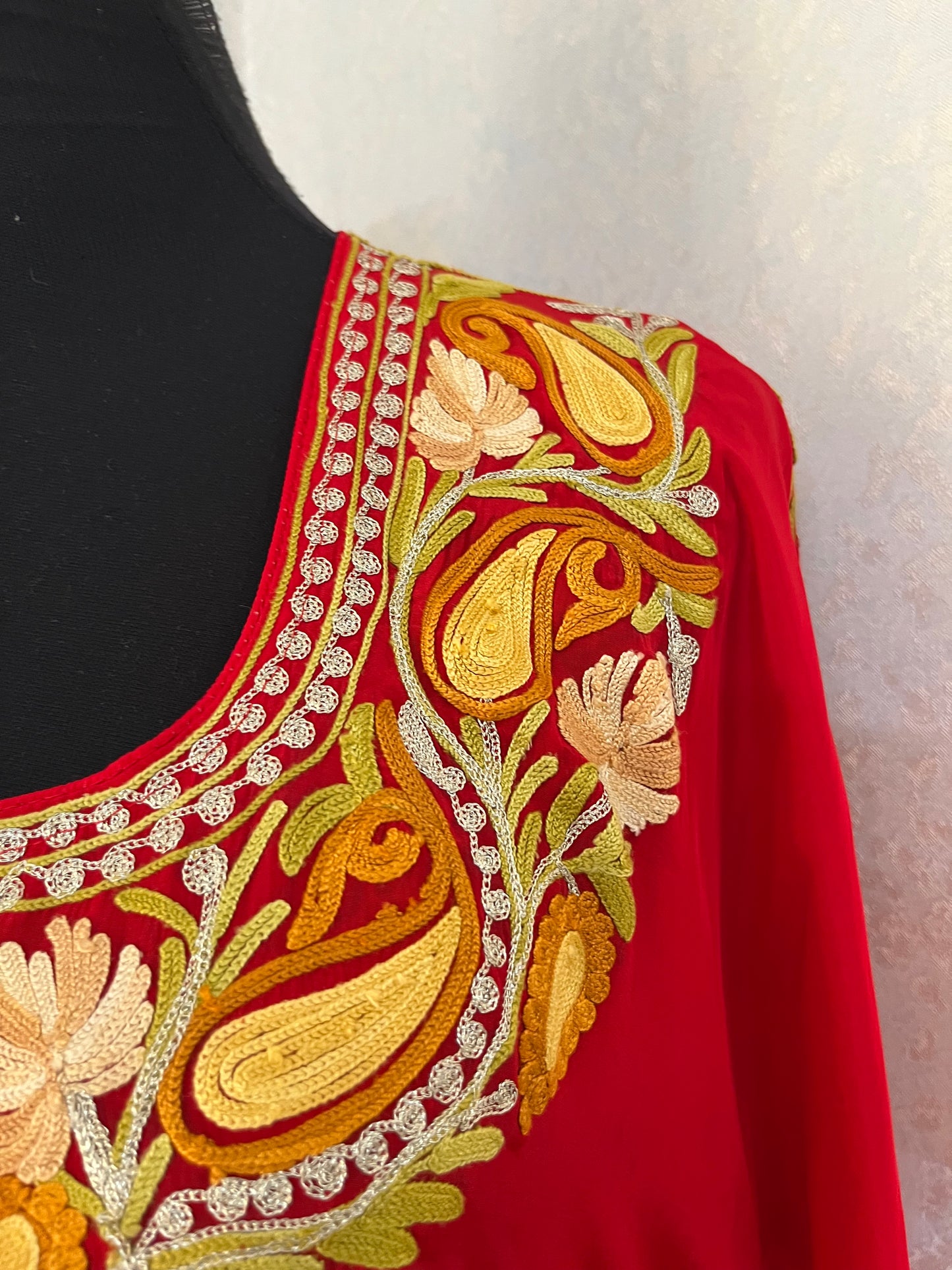 Red Pure Crape Kashmiri Kaftan