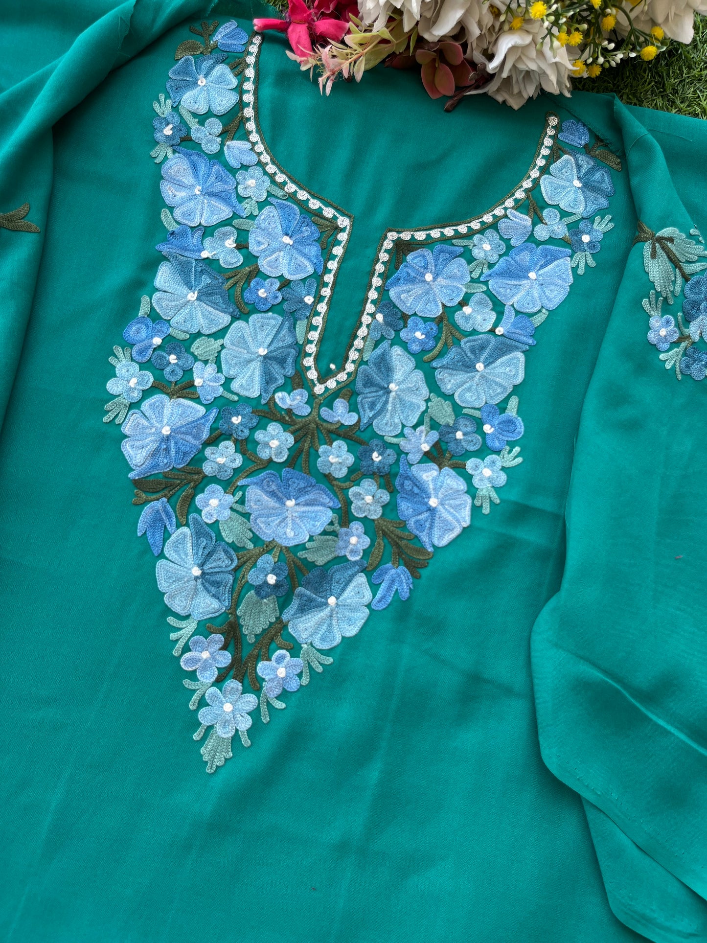 Green Aari Embroidered Cotton Suit Set