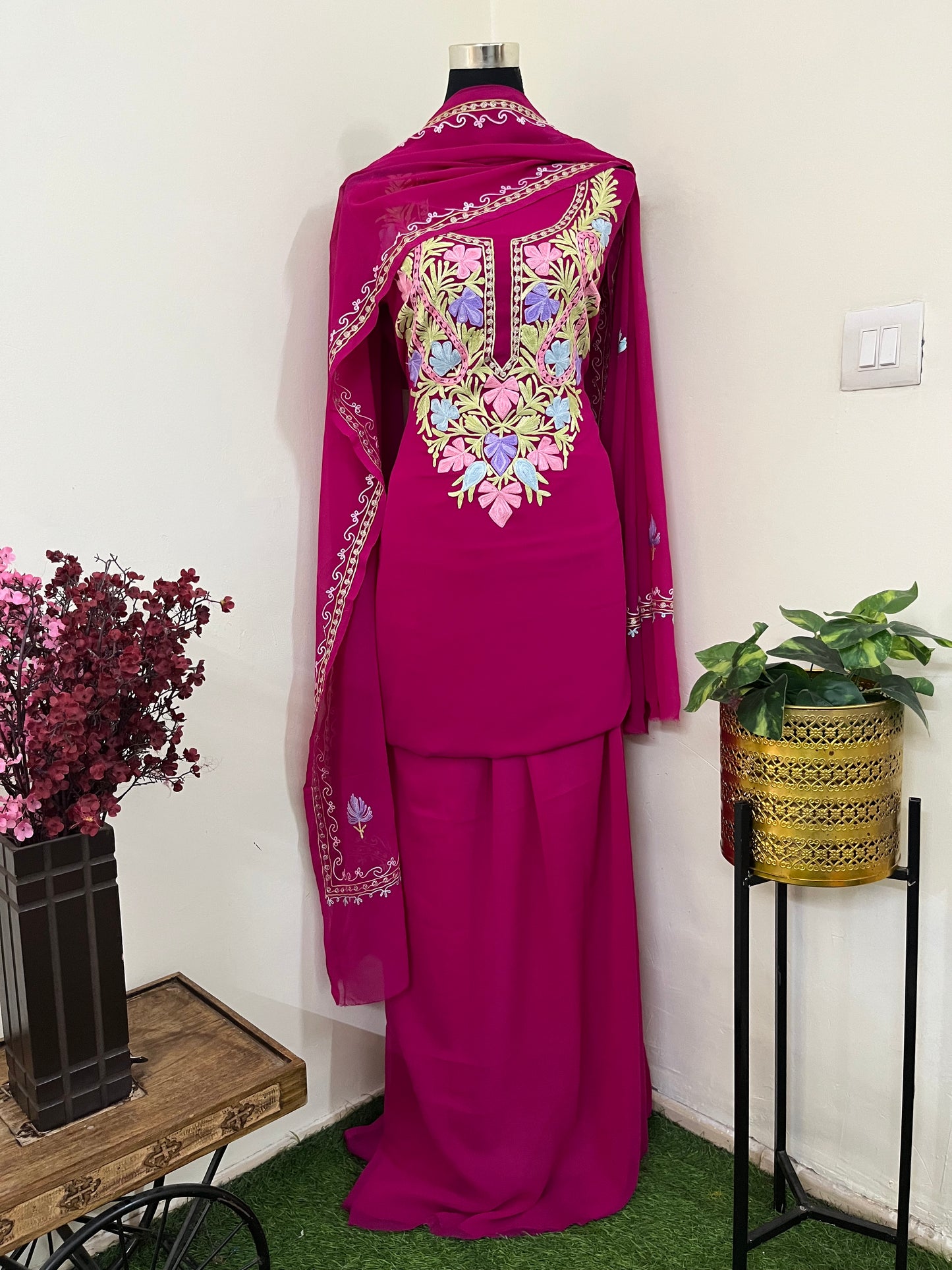 Hot Pink Georgette 3 Pc Aari Embroidered Suit Set