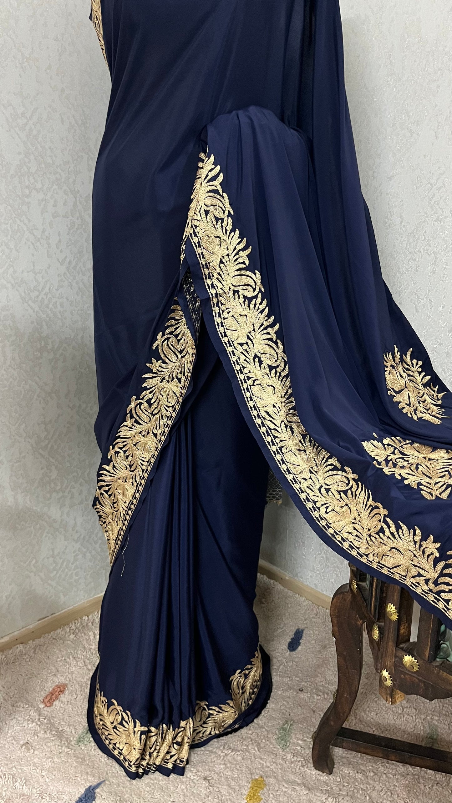 Navy Blue Crape Kashmiri Tilla Saree