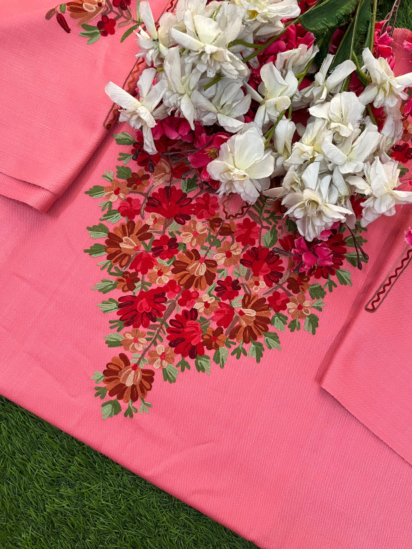 Pink Woollen Aari Embroidered 2pc suit 5mtr