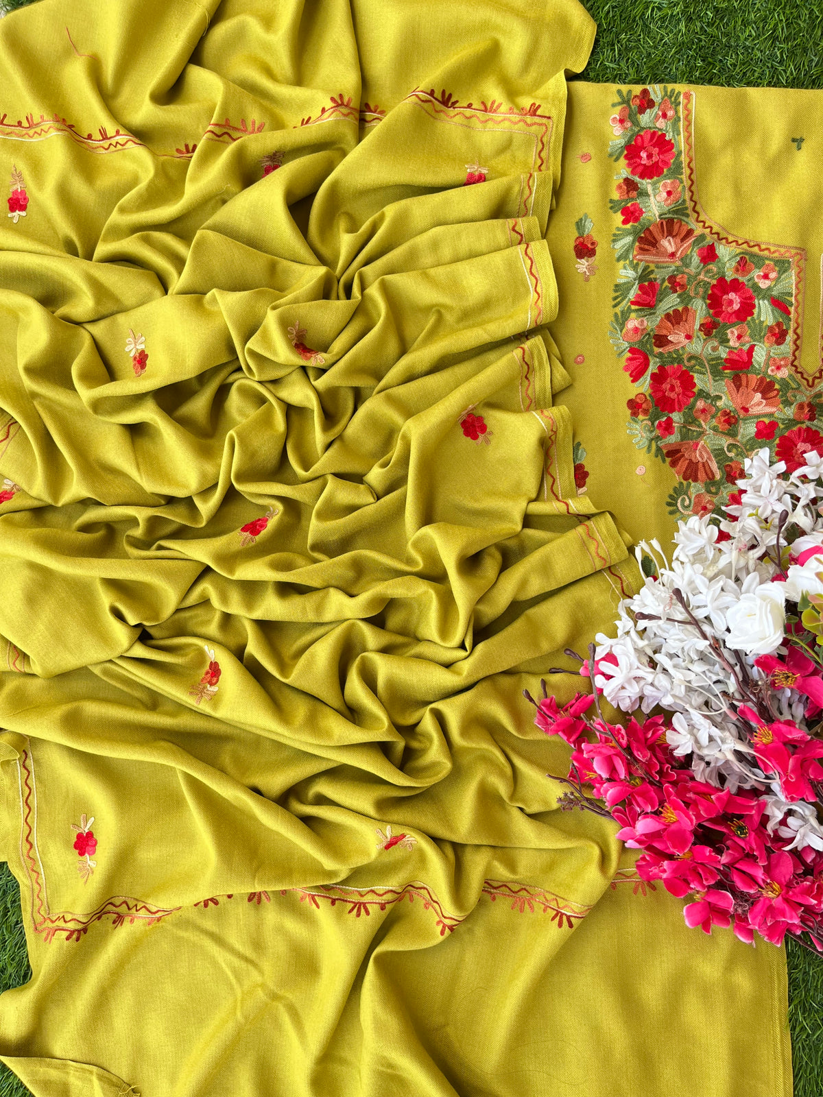 Lemon Green Woollen Aari Embroidered 3pc suit