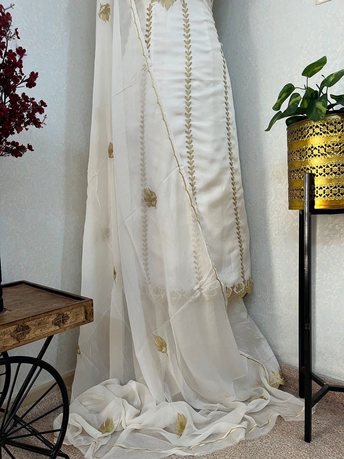 Sanam’ Ivory White Silk Tilla Embroidered Suit material