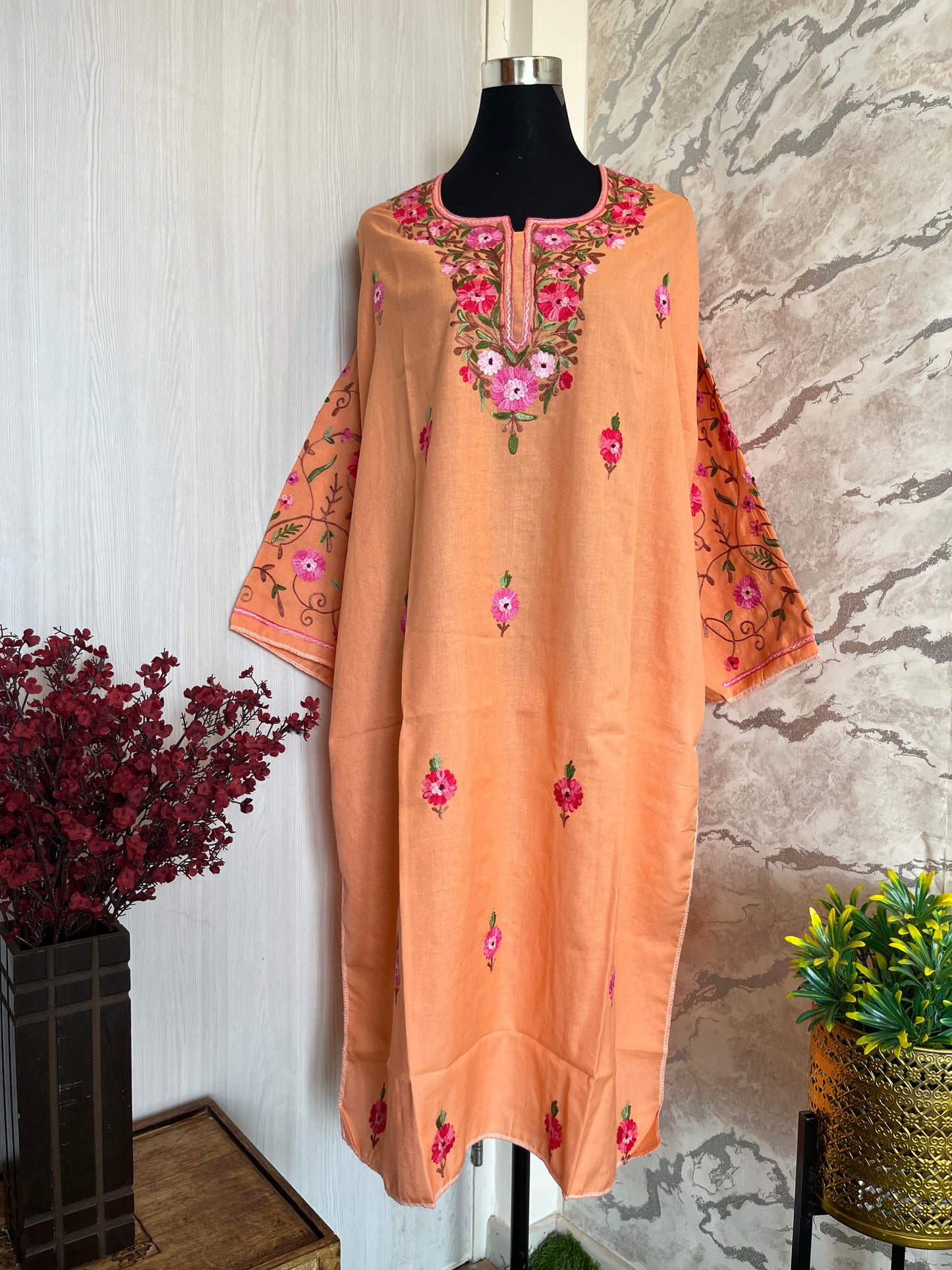 ‘Bageecha’ Peach Cotton Semi Stitched Cream Aari Work Kurti