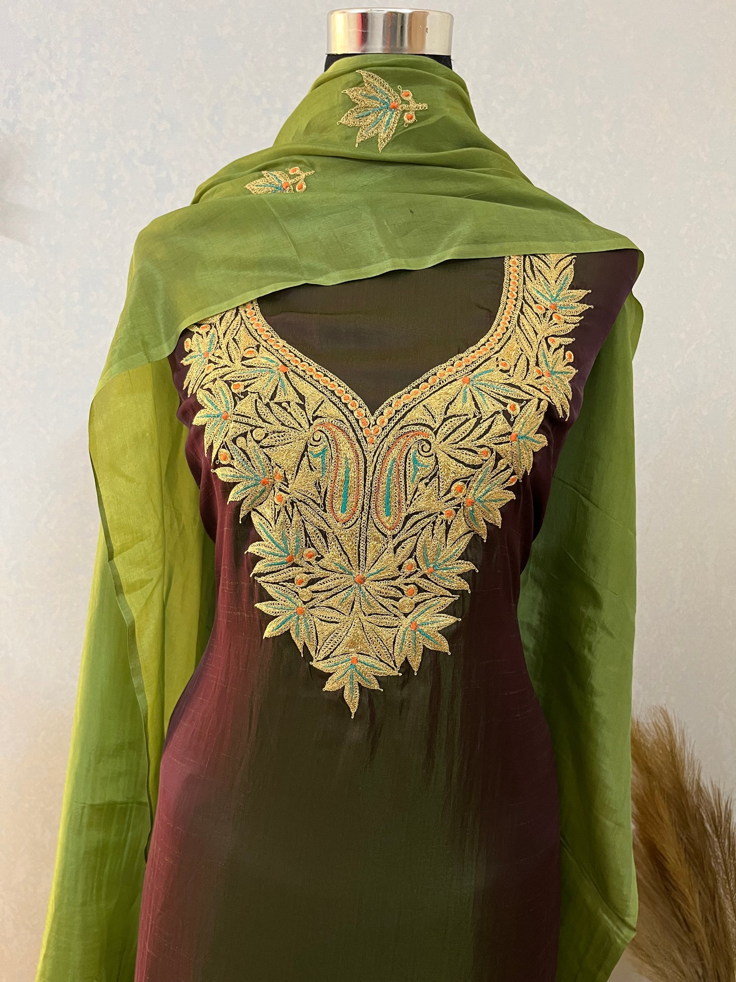 Green Silk Puff Tilla Embroidered Suit