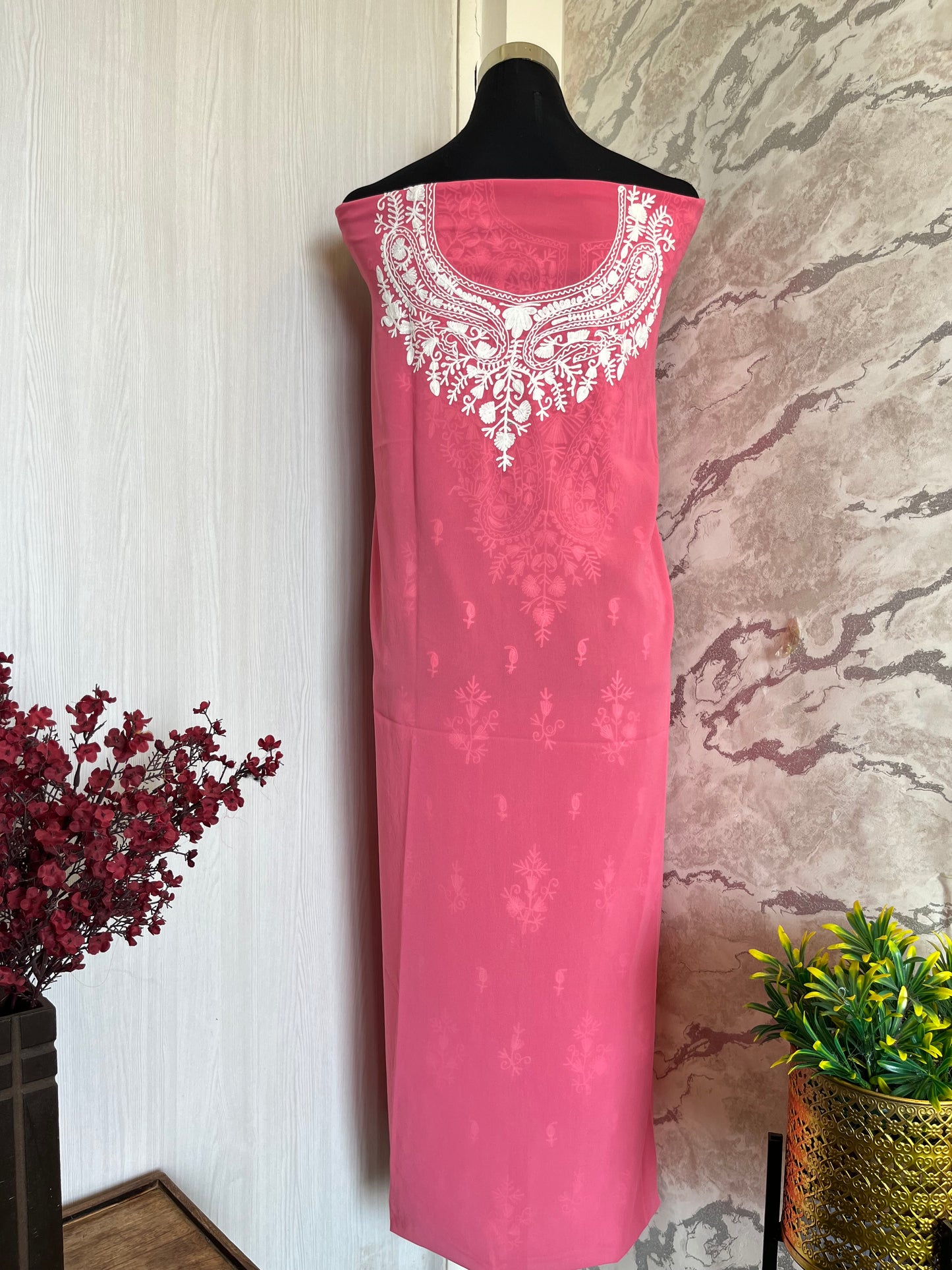 Georgette Pink All over Work Aari Embroidered Unstitched Kurta Material