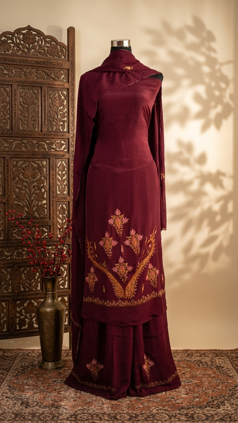 Wine Kalaa’ Crape Sozni Kashmiri Suit