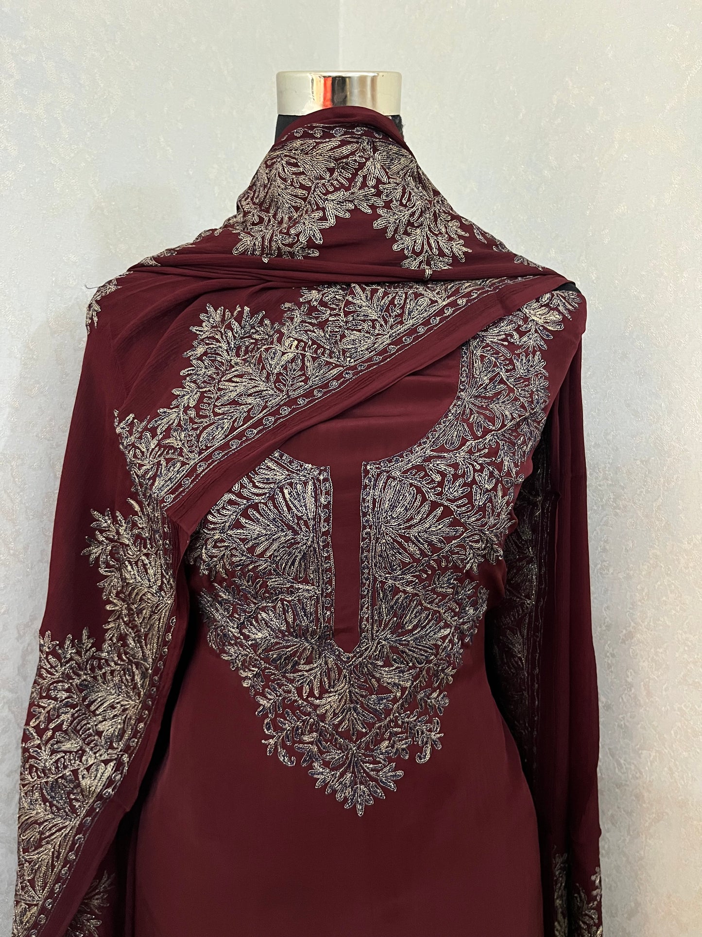 Brown Kalaa’ Crape Jacket Style Kashmiri Suit