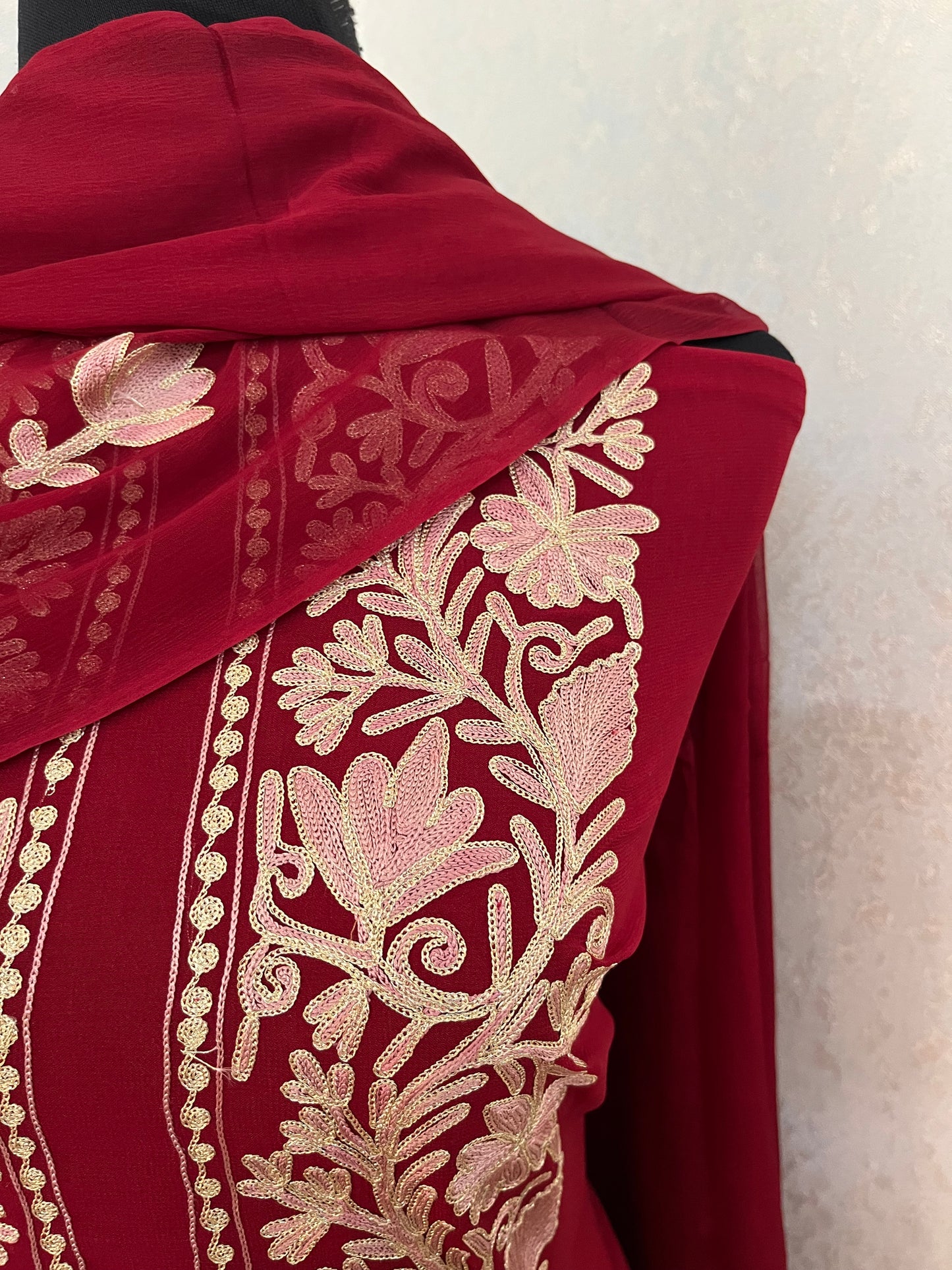 Maroon Pure Georgette Achkan Kashmiri Suit