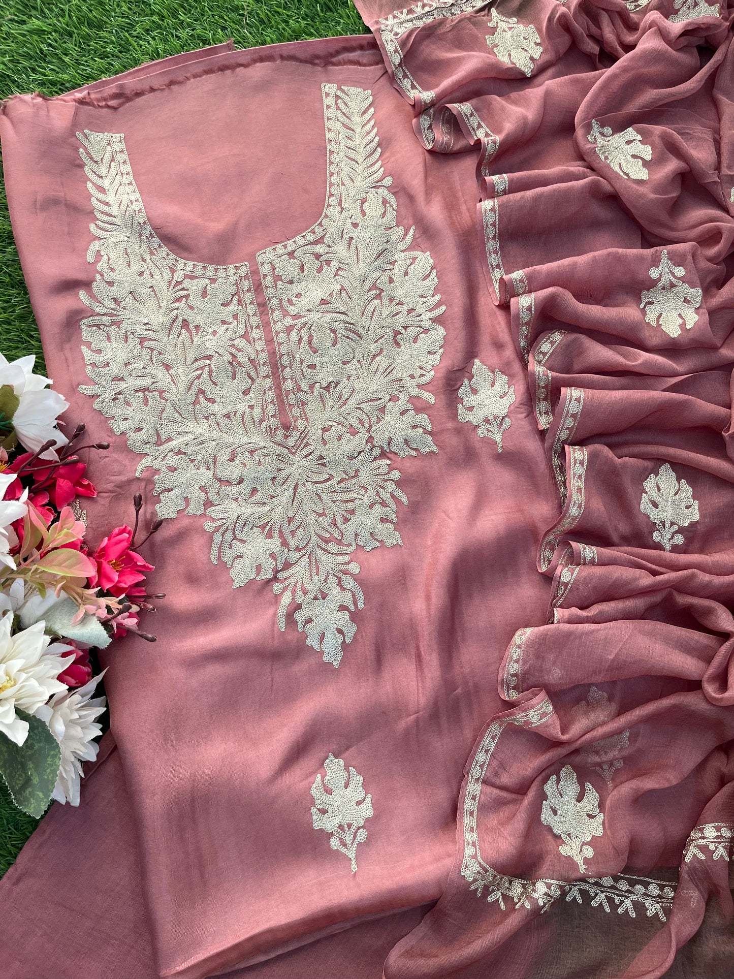 Onion Pink Silk Tilla Kashmiri Suit