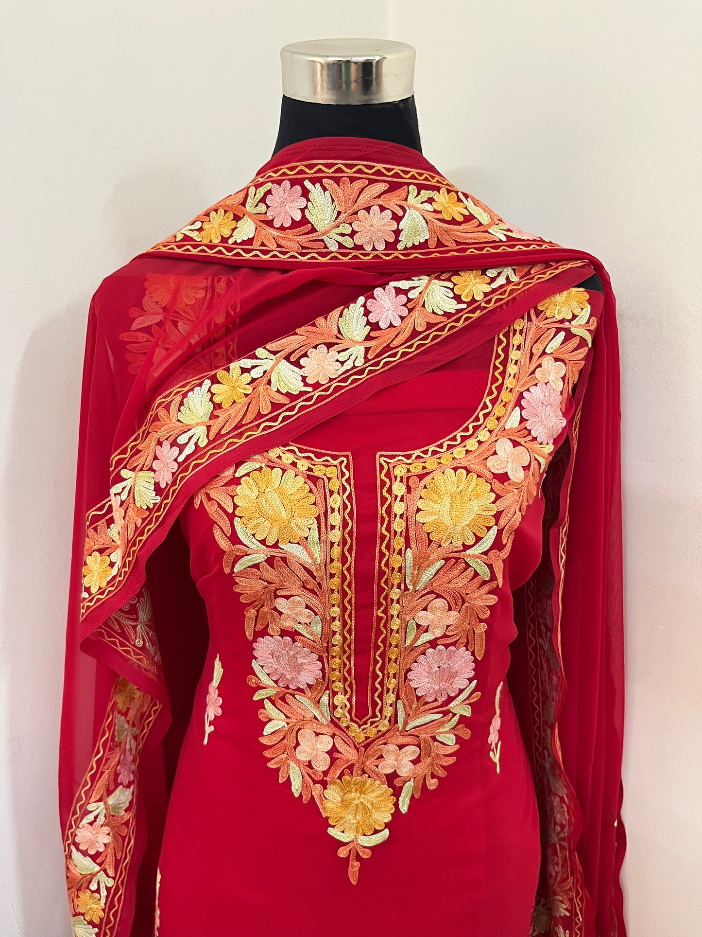 Red Georgette 3 Pc Aari Embroidered Suit Set