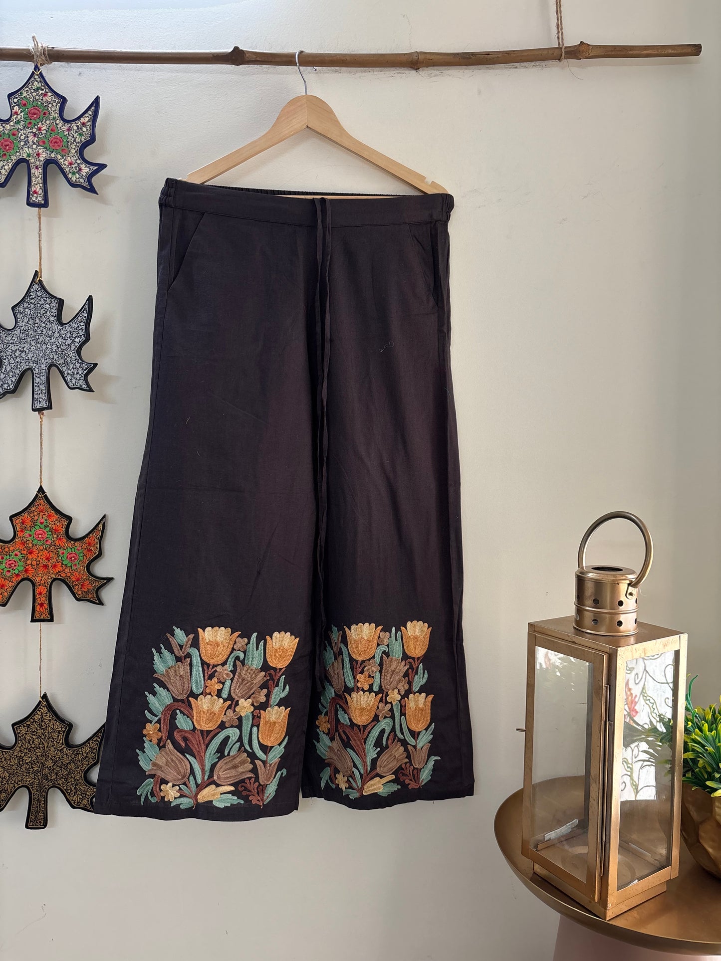 Women Charcoal Grey Wide Leg Aari Embroidered Palazzos ‘M’