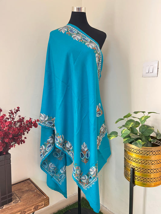 Sky Blue Fine Semi Pashmina Aari Embroidered stole