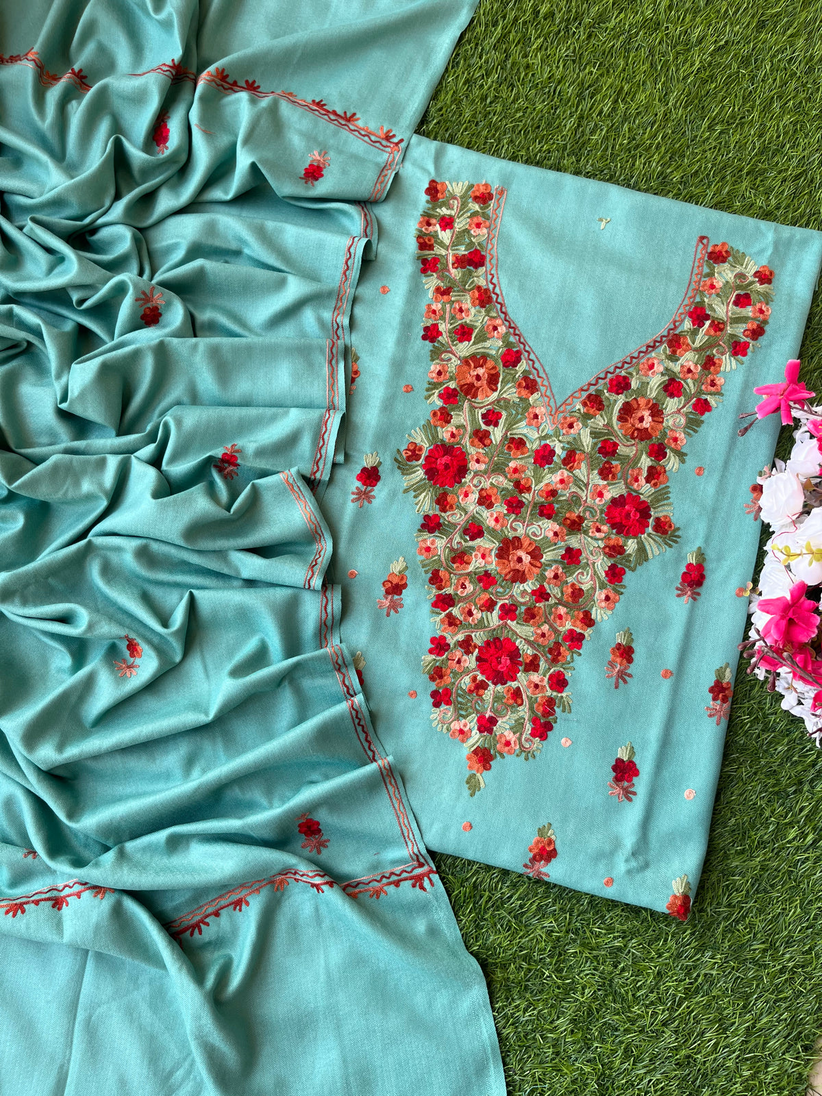 Blue Woollen Aari Embroidered 3pc suit