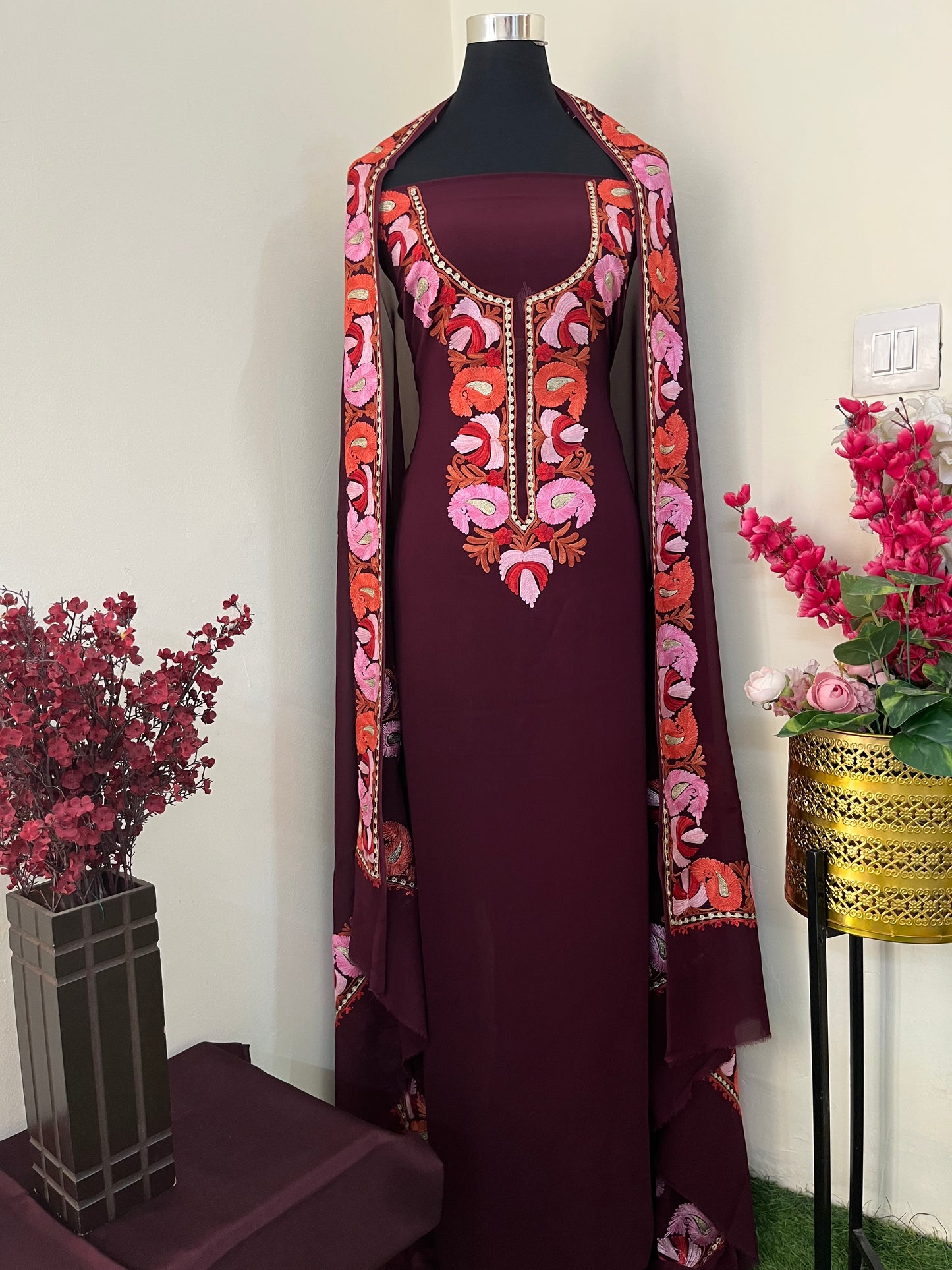 Plum Pure Georgette Kashmiri Suit